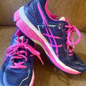 ASICS Women's Athletic Shoes - Dark Blue and Bright Pink with accents lime green